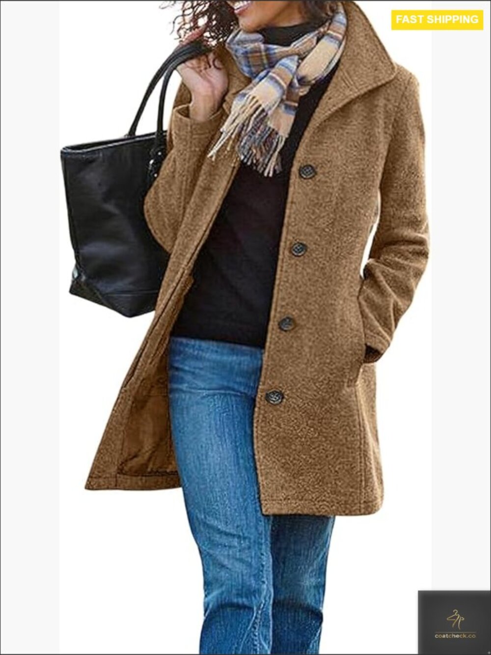 Classic Pea Coat Wool Blend Mid-Long Overcoat Stand Collar Chic Winter Jacket
